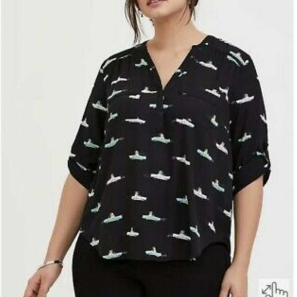 Torrid Women's Harper Black Blouse with Frenchie Dogs in Convertible Cars Print